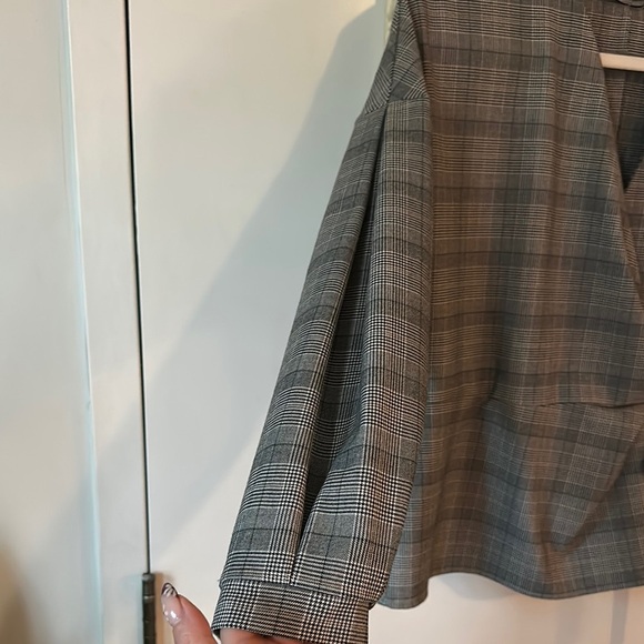 ZARA | Black and White Checkered Wrap Blouse Top Blazer with Puff Sleeves - Picture 7 of 16